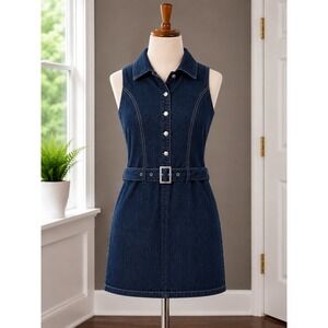 Zoey Beth Dark Wash Denim Sleeveless Mini Dress Belted Pink Stitching Size Small